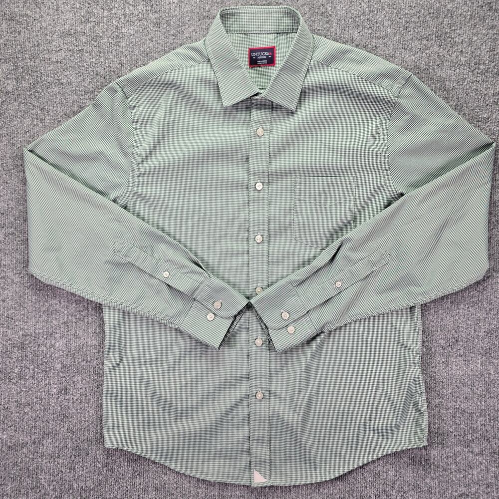 Untuckit Shirt Mens Medium Green Check Ripasso Polyester Long Sleeve Office
